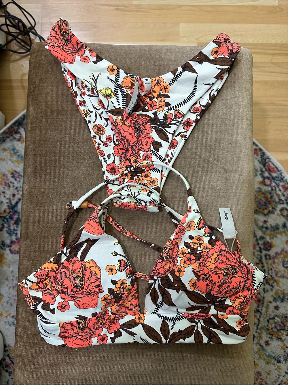 Maaji Floral Two-Piece Bikini Set in White, Coral & Brown size medium